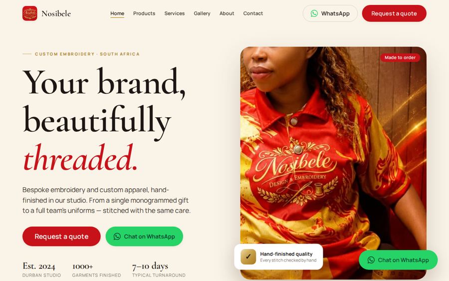 Nosibele Design and Embroidery website on a tablet